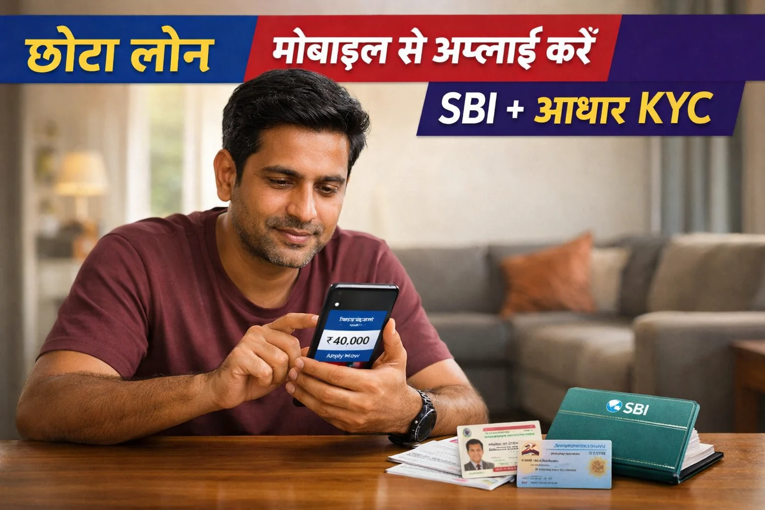 SBI से छोटा पर्सनल लोन अप्लाई करते हुए भारतीय व्यक्ति, मोबाइल में बैंकिंग ऐप और टेबल पर आधार कार्ड, पैन कार्ड और बैंक पासबुक रखी हुई