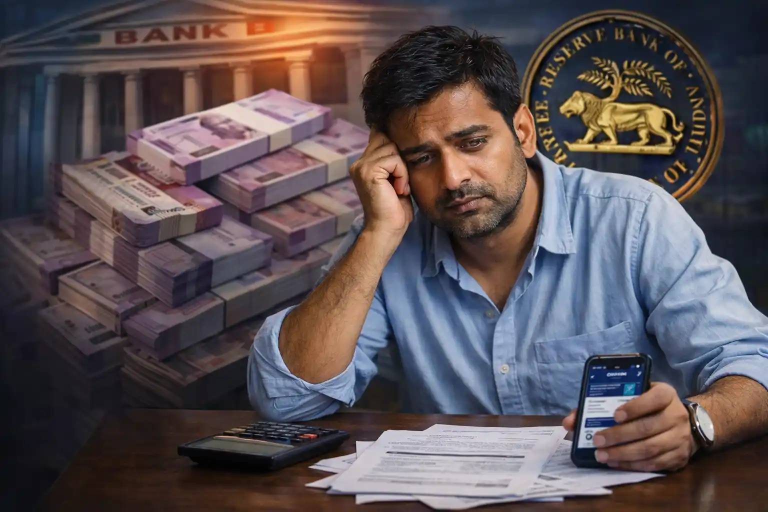 loan EMI tension Indian middle class man with loan papers and calculator