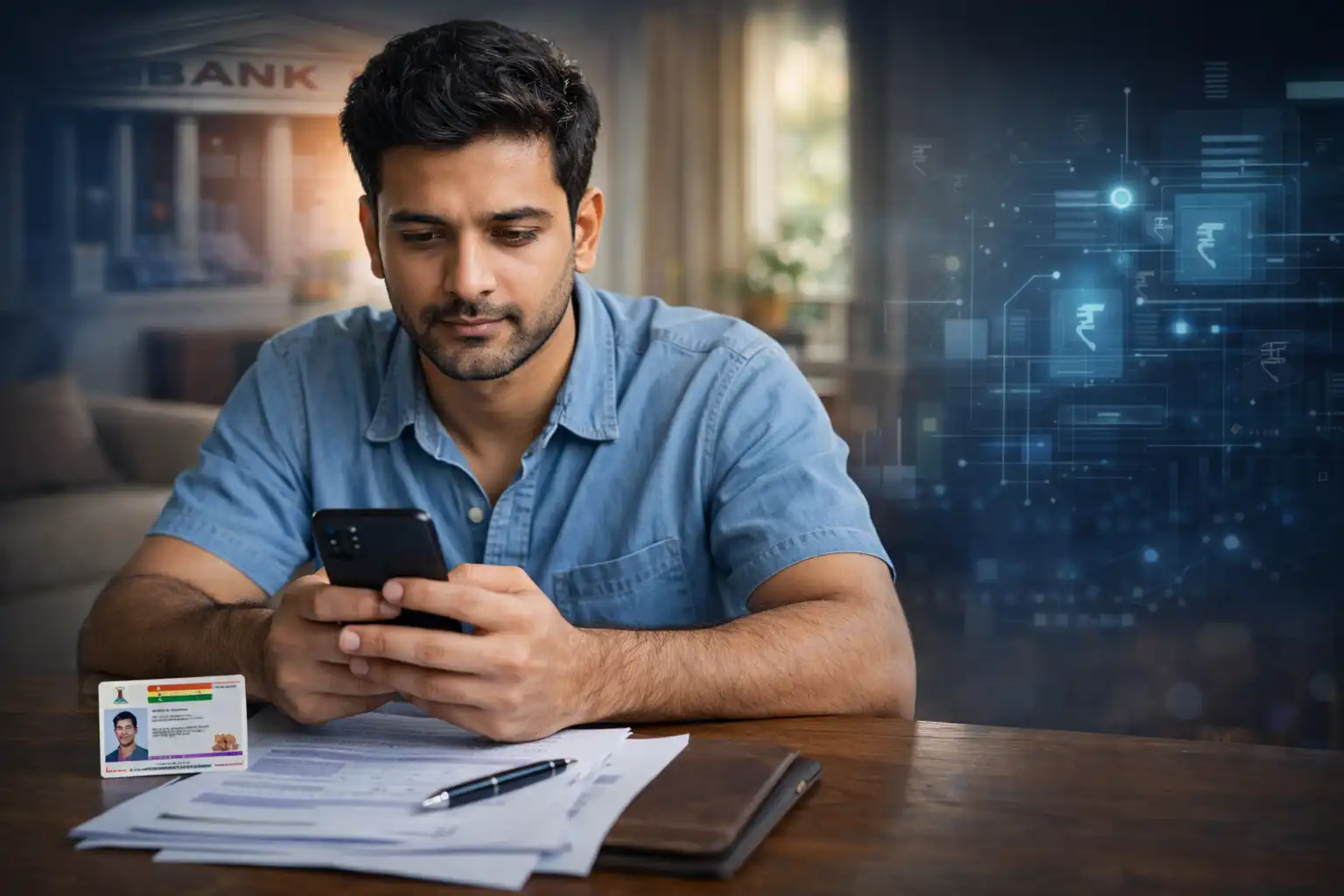 मोबाइल से ऑनलाइन लोन अप्लाई करता भारतीय युवक और टेबल पर आधार कार्ड